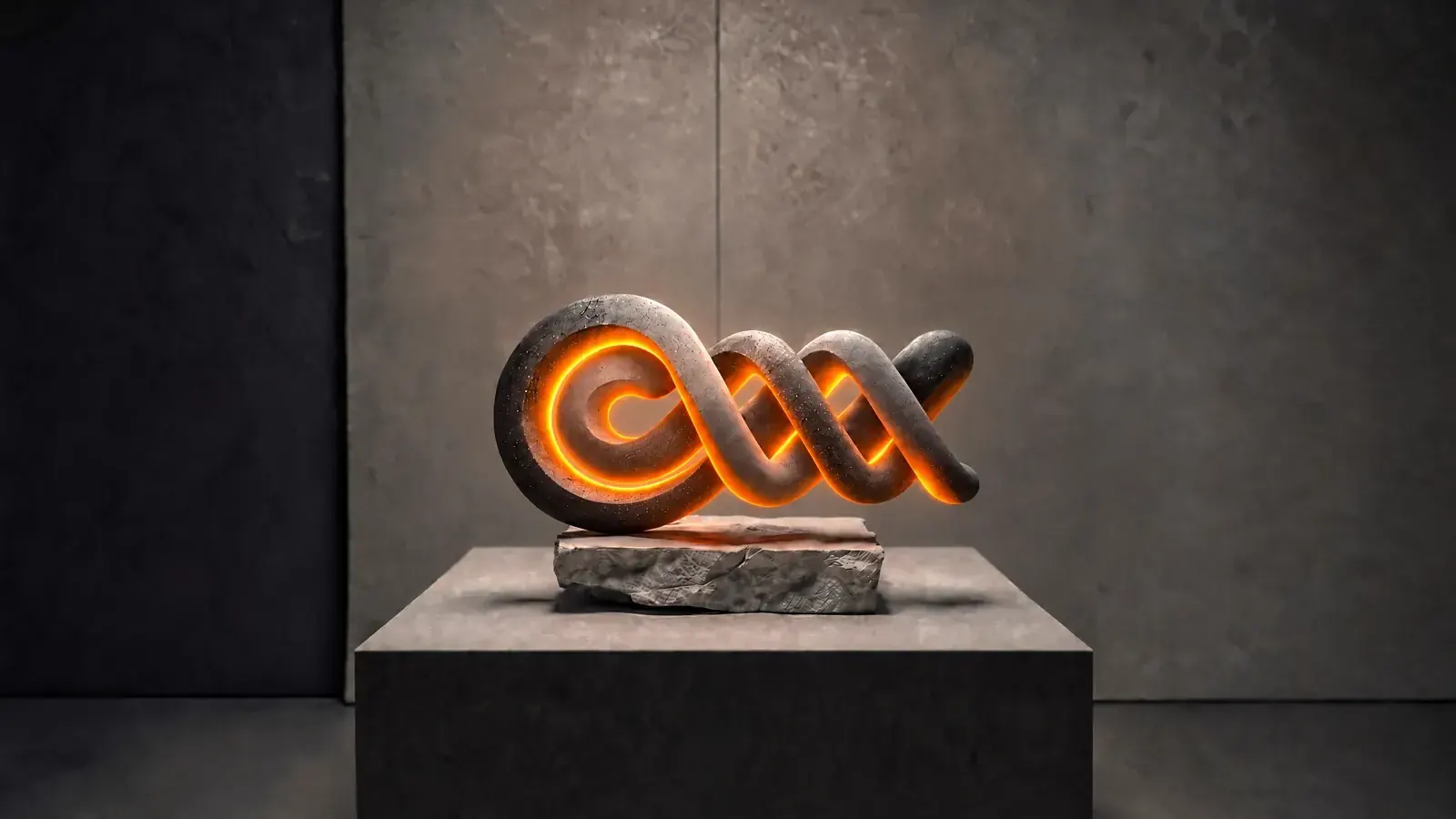 CXXX-00, het hoofdobject van de collectie: een gloeiende knoop van steen op een sokkel in een donkere zaal